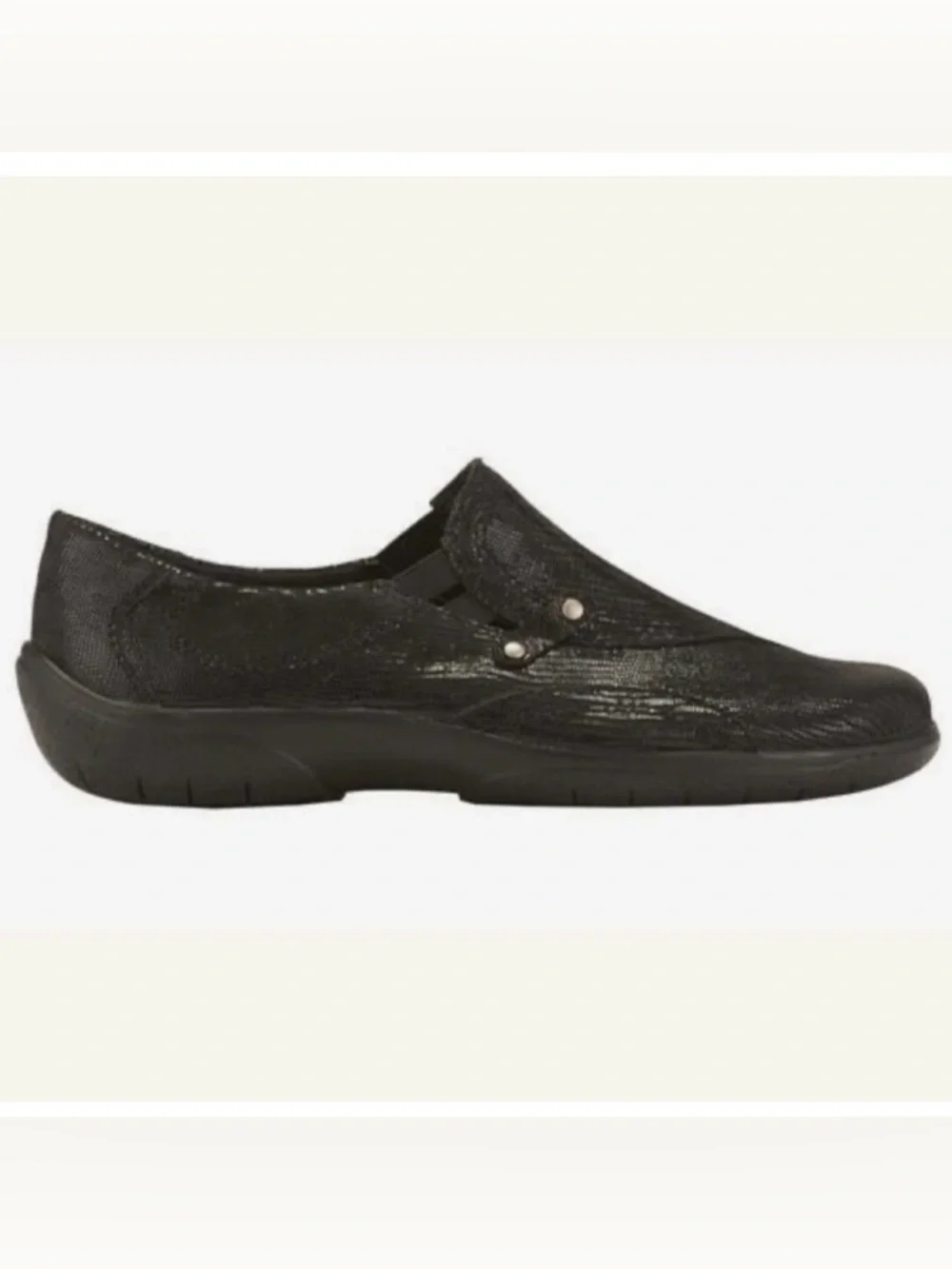 NWT Walking Cradle Orthotic AMP Black Patent Lizard Print Leather Flats. 7.5 WW.